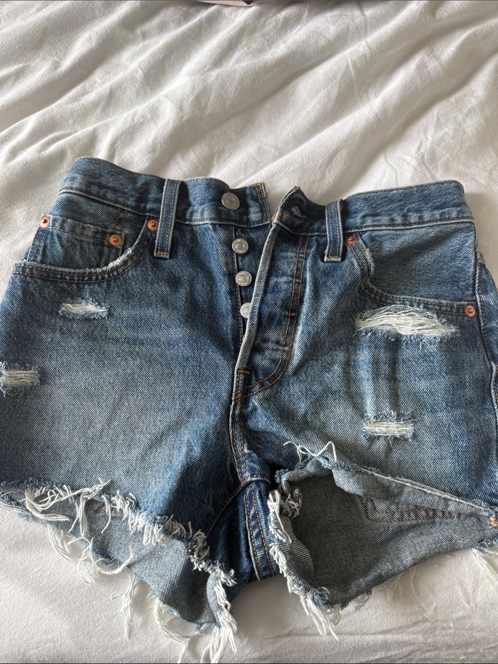 Levi's Distressed Blue Button-Fly Jean Shorts